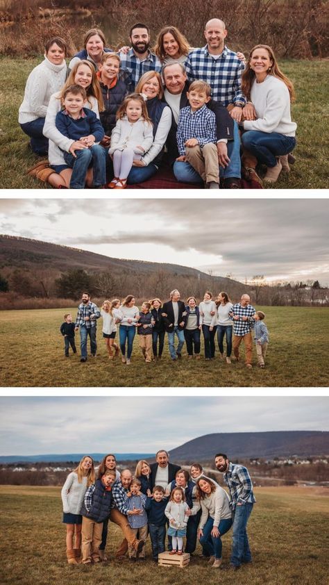 a group of people posing for pictures in a field