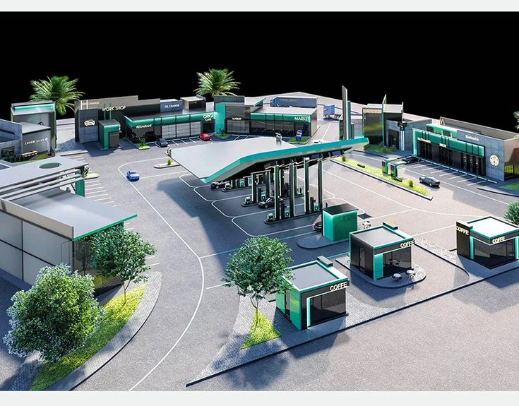 an artist's rendering of a gas station in the middle of a parking lot