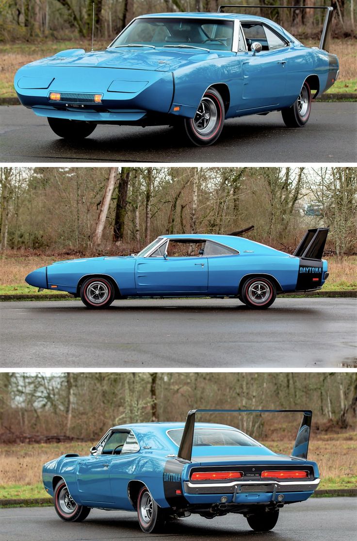 three different views of a blue muscle car