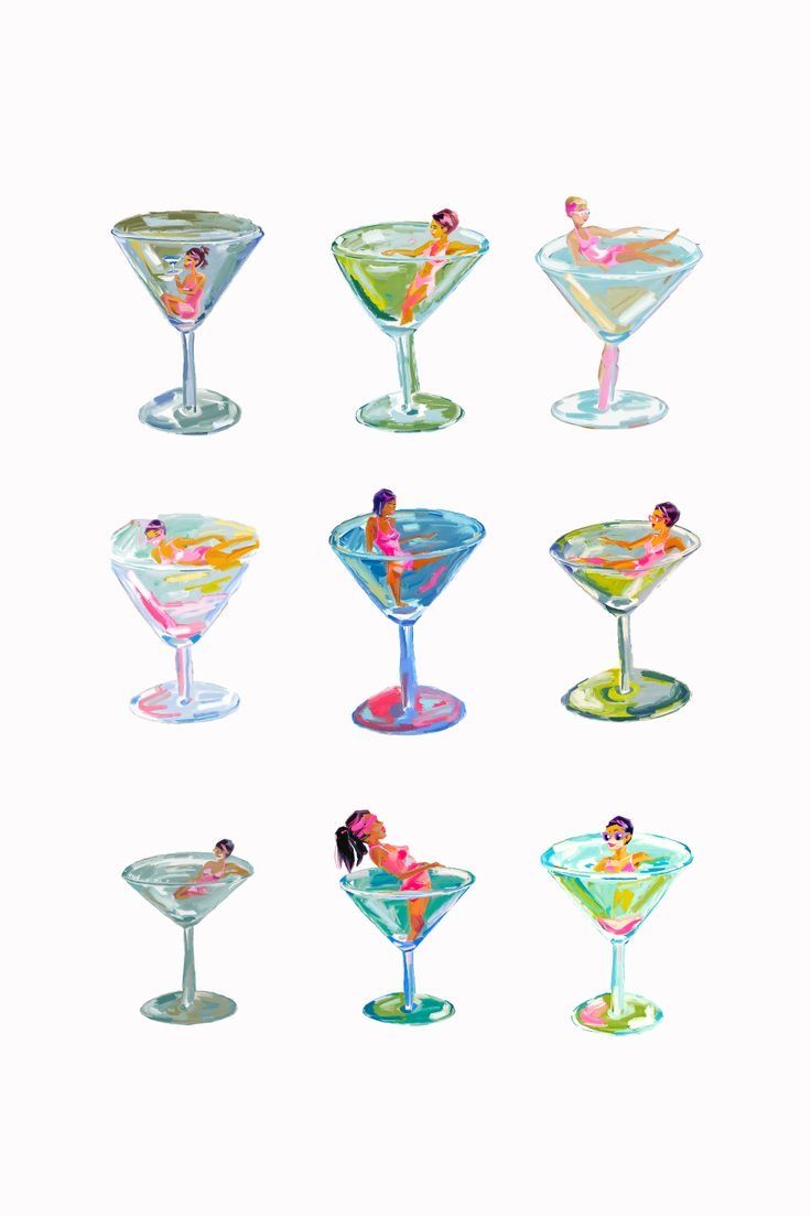 an image of various martinis in different shapes and sizes on a white background with watercolor effect