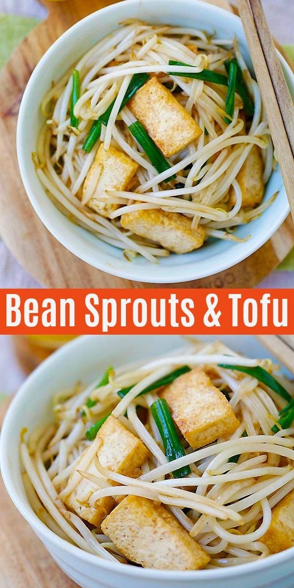 two pictures of noodles and tofu in a bowl with chopsticks on the side