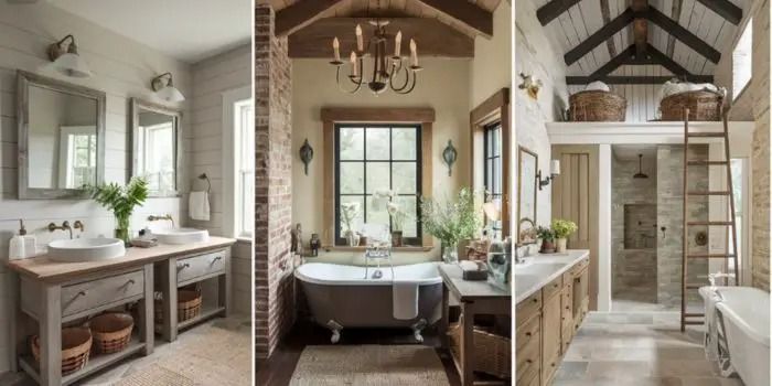 two pictures of a bathroom with tub, sink and ladder in the middle one has a chandelier hanging from it's ceiling