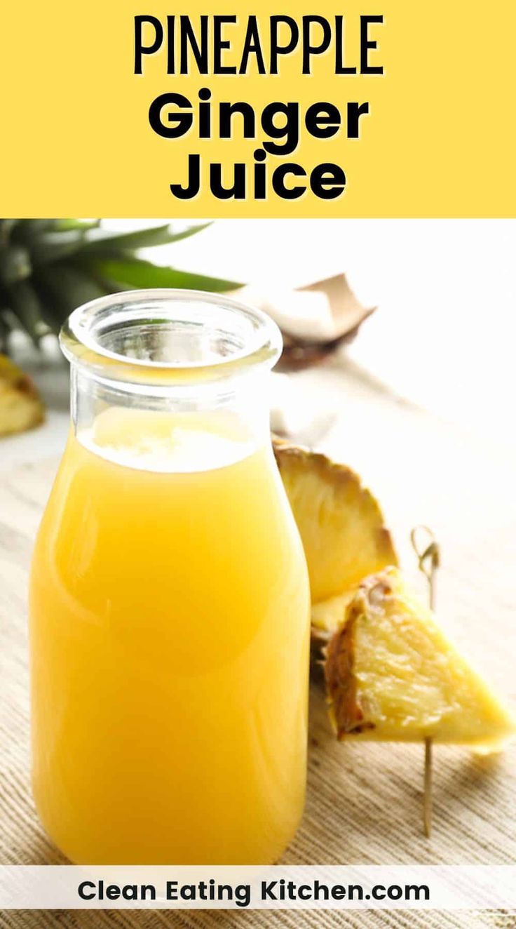 pineapple ginger juice in a glass jar next to sliced pineapples