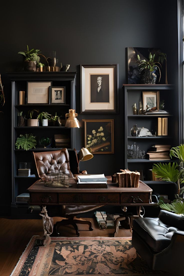 a living room filled with furniture and bookshelves covered in framed pictures next to a window