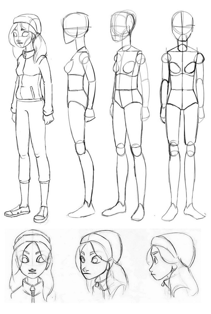 some sketches of people in different poses for the animated character model sheet, including head and shoulders