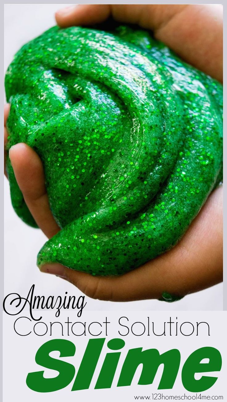 a hand holding green slime with text overlay that reads, amazing contact solution slime