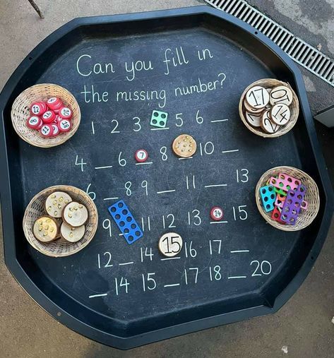 a chalkboard with numbers and dices on it that says can you fill in the missing number?