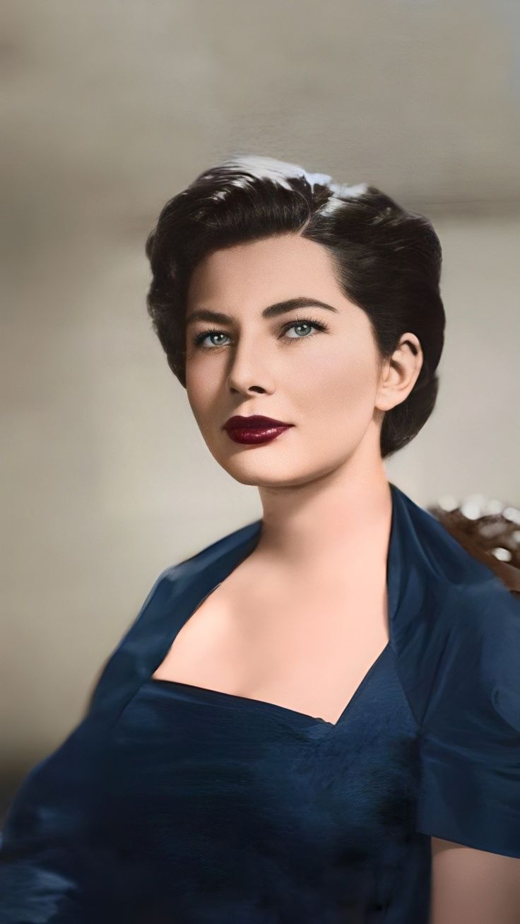 a painting of a woman wearing a blue dress and red lipstick with her hair in a bun