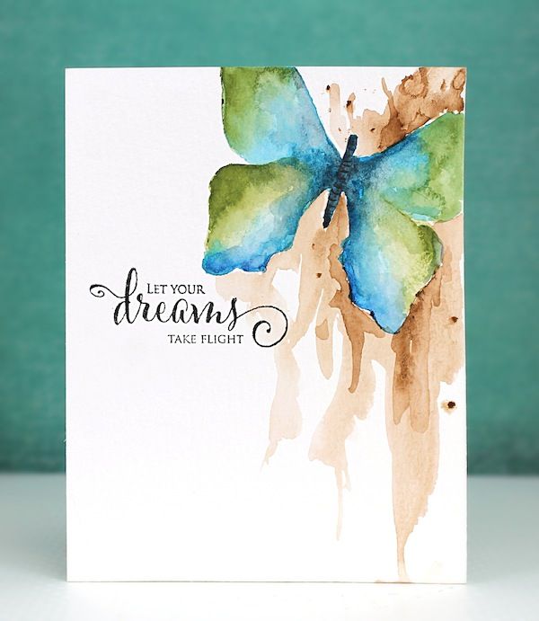 a card with a watercolor painting of a blue butterfly and the words, let your dreams take flight