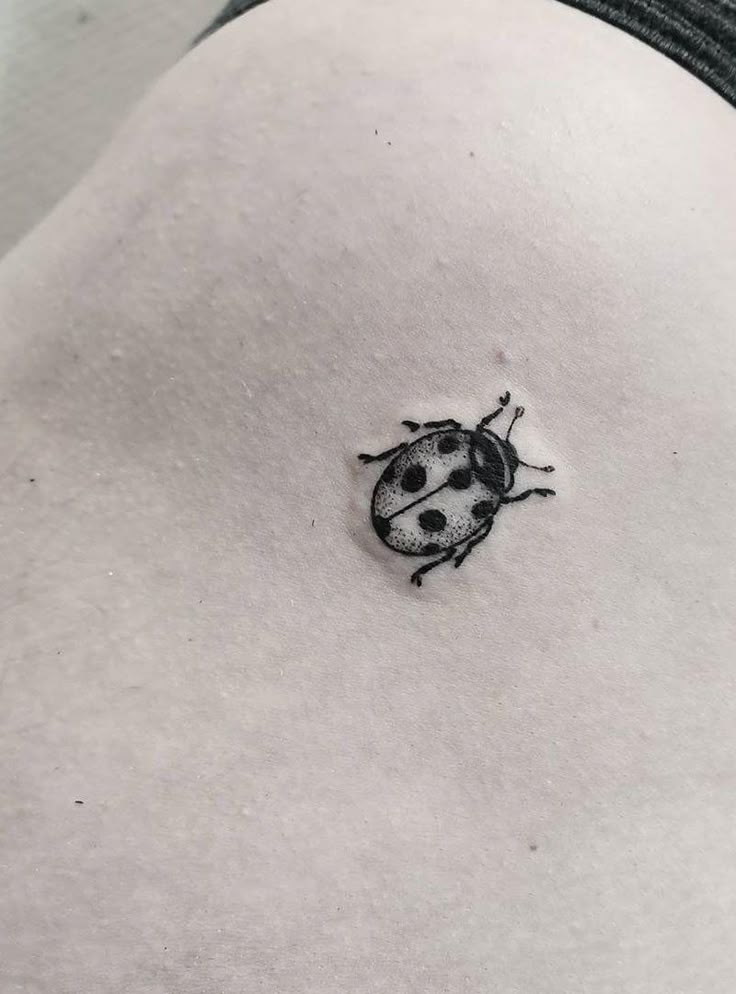 a ladybug tattoo on the back of a woman's stomach is shown