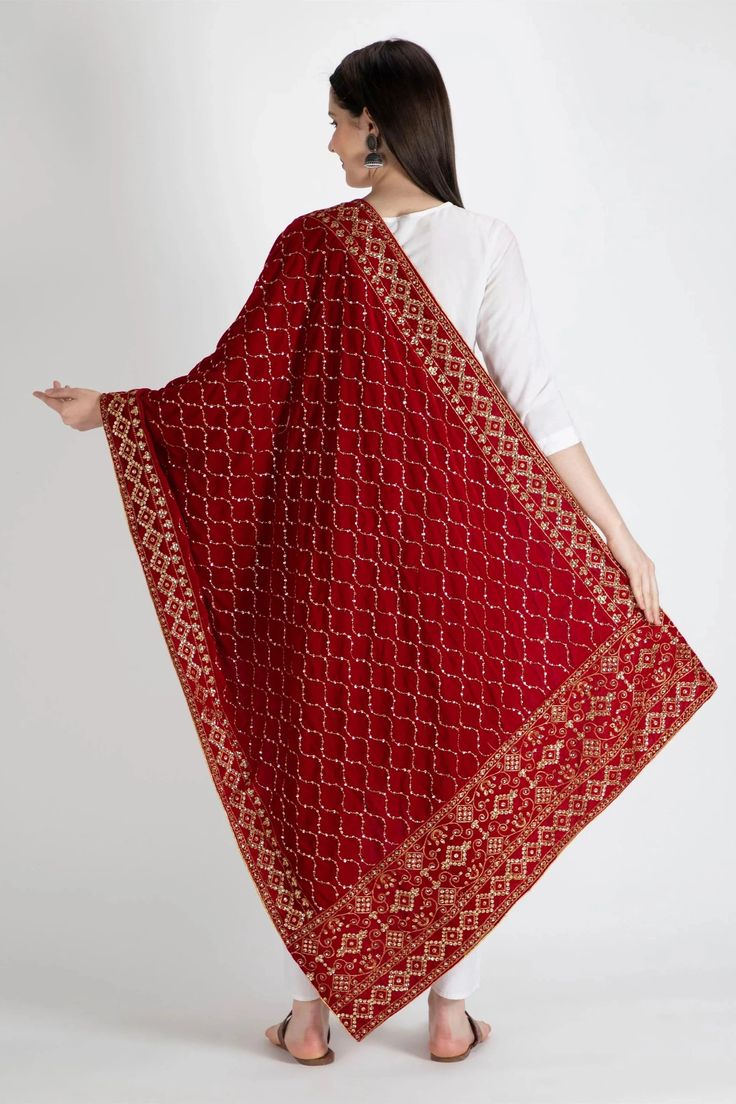 Women's premium quality light weight velvet shawl with all over gold silk thread embroidery, & sequin work. Prefect for use as winter evening formal wrap. Ready to ship from CaliforniaFabric: VelvetSize: Length 2.25 m, Width: 0.5mWork: Embroidered, sequinsCondition: New Phulkari Pants, Formal Wrap, Lucknowi Kurta, Silk Thread Embroidery, Gharara Suits, Patiala Salwar Suits, Bridal Dupatta, Phulkari Dupatta, Velvet Shawl