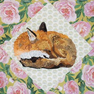 a painting of a sleeping fox surrounded by flowers