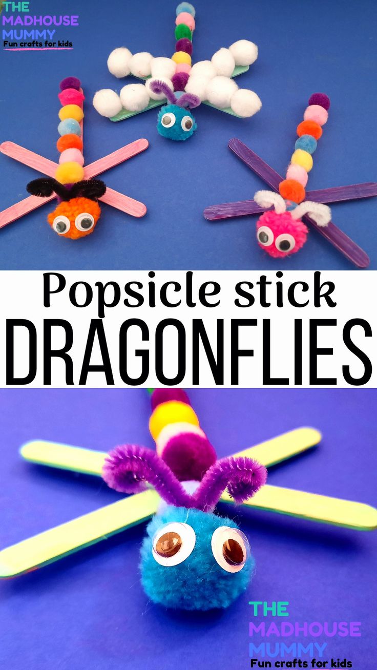 popsicle stick dragonflies made with construction paper and colored pom - poms