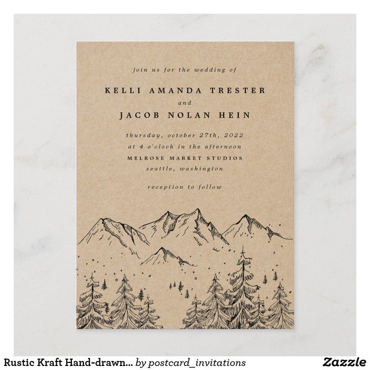 an image of a wedding card with mountains and pine trees on the front, in black ink