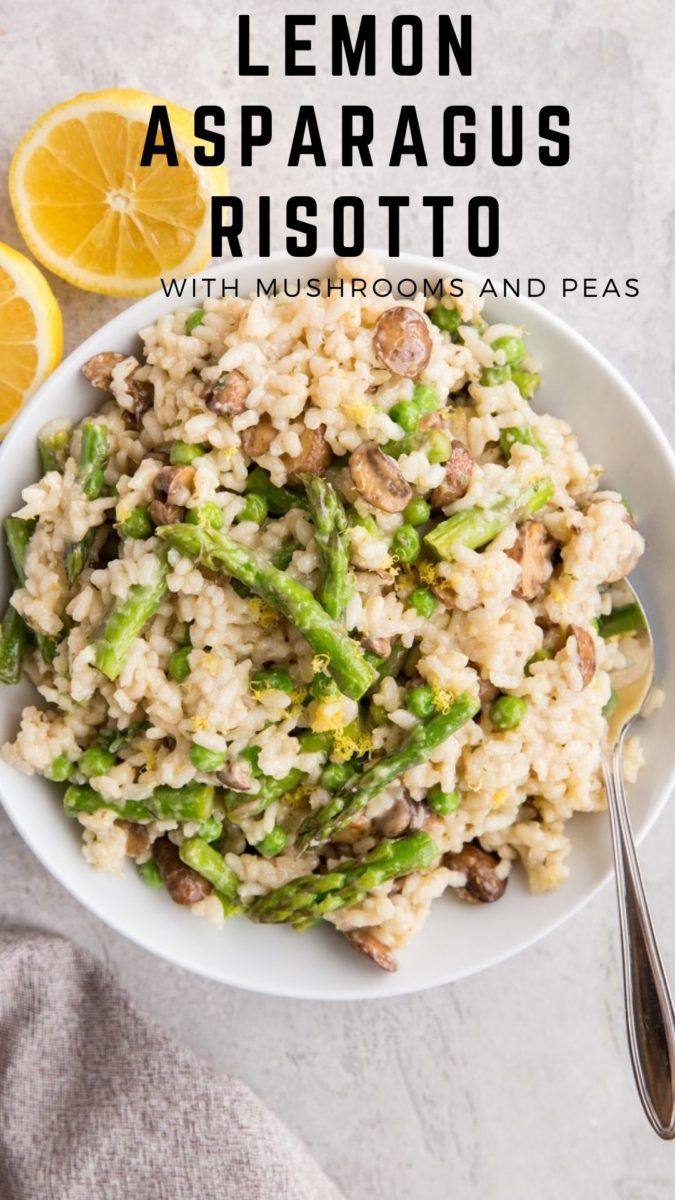 lemon asparagus risotto with mushrooms and peas in a white bowl on a table