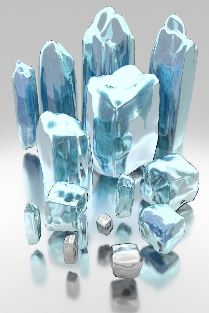 several blue ice cubes are shown in this 3d rendering image, with one being surrounded by smaller pieces of ice