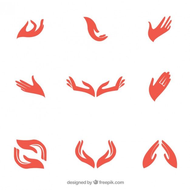 red hands with different gestures on white background