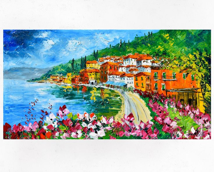 a painting of colorful flowers and houses by the water with blue skies in the background