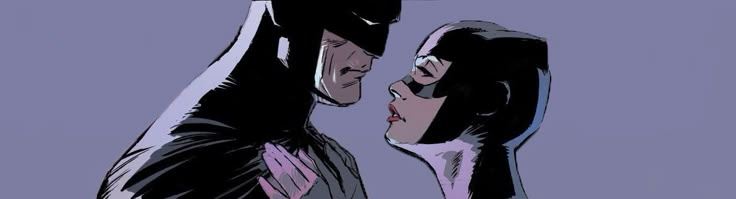 batman and catwoman kissing each other in front of a purple background with the words, i