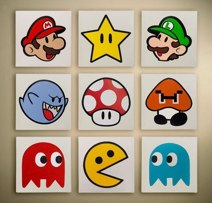 four square pictures with different colored mario and pacman faces on them, all in squares