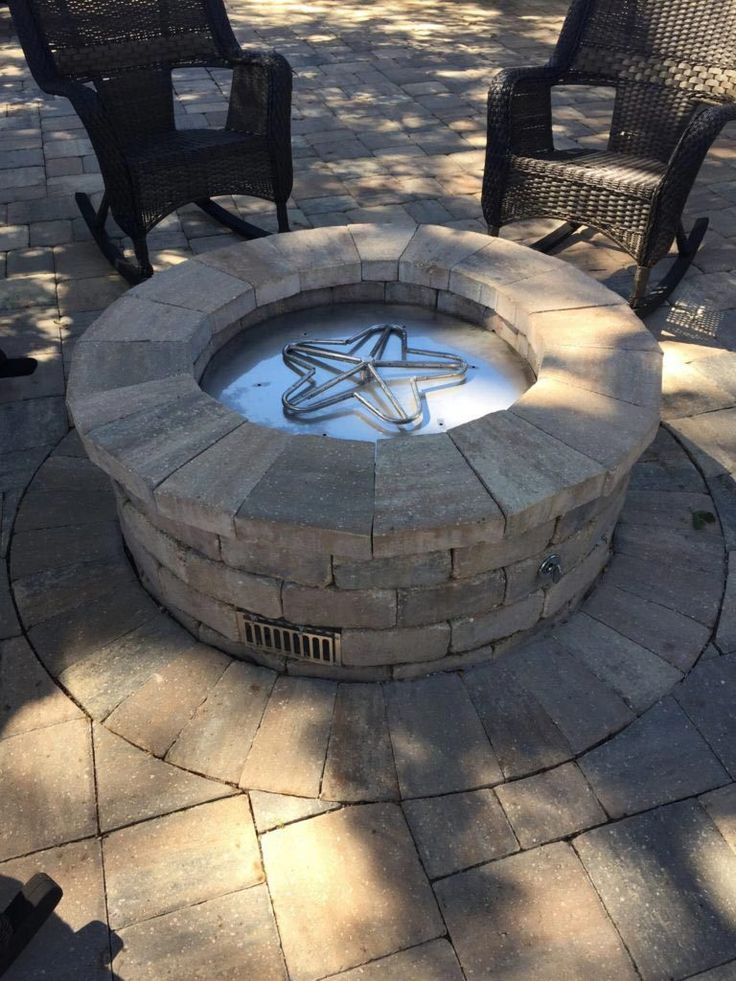 an outdoor fire pit with chairs around it