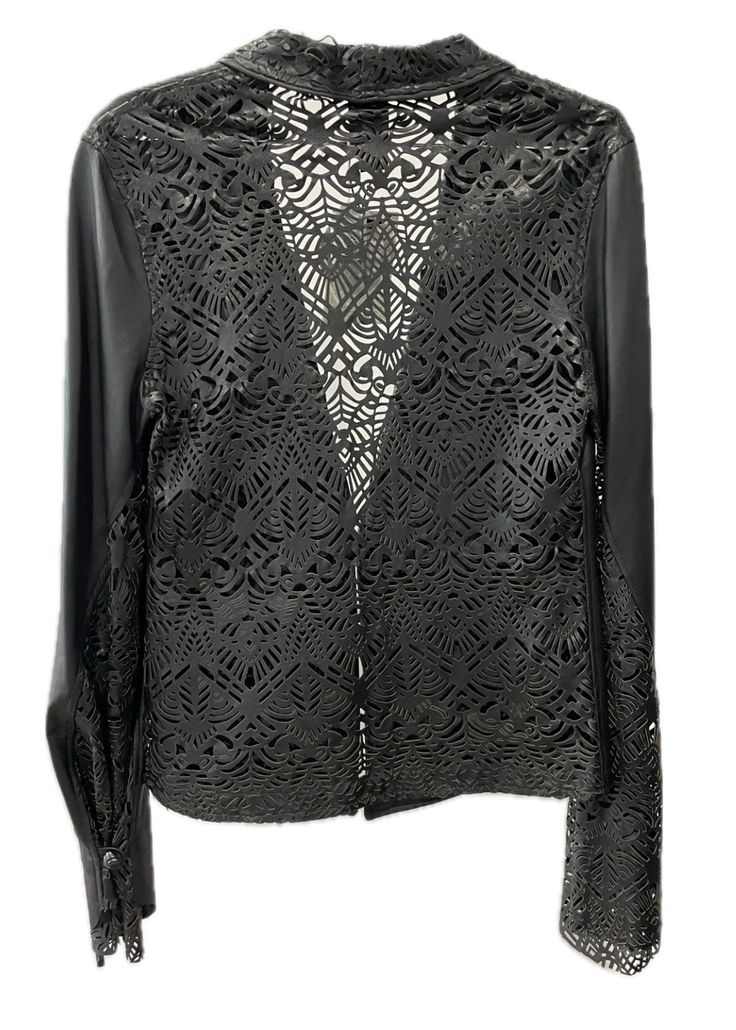 This leather jacket with mesh details on the collar, sleeve edges, and back is a swanky style move. Whether you go for regular or flared sleeves, it's all about your vibe – classic elegance or a more dynamic look. Those cool details bring a touch of charm and sophistication, making this jacket perfect for standout occasions.Size M Made in US Fitted Leather Jacket For Party, Sleek Fitted Leather Jacket For Evening, Spring Evening Leather Jacket, Designer Leather Jacket For Office In Spring, Designer Fitted Leather Jacket For Evening, Designer Leather Jacket For Evening In Fall, Elegant Leather Jacket For Party, Fitted Long Sleeve Leather Party Jacket, Chic Outerwear With Sheer Long Sleeves