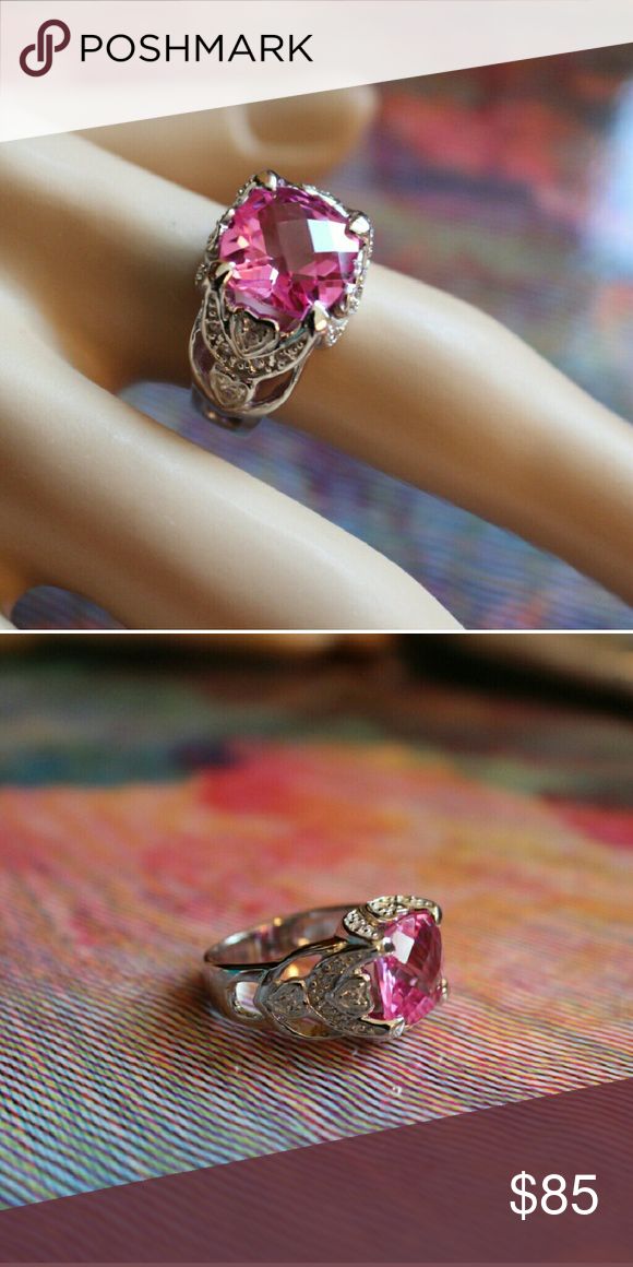 NEW | THE AURORA CO. | Pink Sapphire ring Synthetic pink sapphire and pave CZ ring set in rhodium plated sterling silver. - .925 sterling silver - pink sapphire measures 10mm x 10mm  10% bundle discounts! 20% off custom bundles for any 2 or more jewelry items under $25, created at buyers request! No Trades Smoke-free home Next day shipping Silver Stars Collection  Jewelry Rings Silver Jewelry With Accent Stones In 14k White Gold, Sterling Silver Crystal Ring With Diamond Accents, Dazzling Silver Ruby Ring For Wedding, Dazzling Ruby Ring With Diamond Accents As Gift, Silver Heart Cut Ruby Ring For Wedding, Dazzling Silver Crystal Ring With Accent Stones, Vintage Silver Diamond Ring With Accent Stones, Silver Ruby Ring With Diamond, Silver Ruby Ring With Diamond Accents