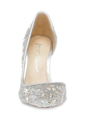 Step out in style in the Chic patterned stone heel by Betsey Johnson! Its pointed-toe and unique chop-out rhinestone design is embellished over sheer nude mesh, providing a classic and sultry look. | Betsey Johnson Chic Pumps, Silver, 8M Spring Wedding Satin Heels, Satin Closed Toe Evening Heels, Formal Closed Toe Synthetic Wedding Shoes, Elegant Synthetic Court Shoes For Spring, Formal Synthetic Closed-toe Wedding Shoes, Evening Satin Closed-toe Heels, Synthetic Wedding Court Shoes With 4-inch Heel, Elegant Satin Wedding Shoes For Spring, Spring Evening Court Shoes In Synthetic Material