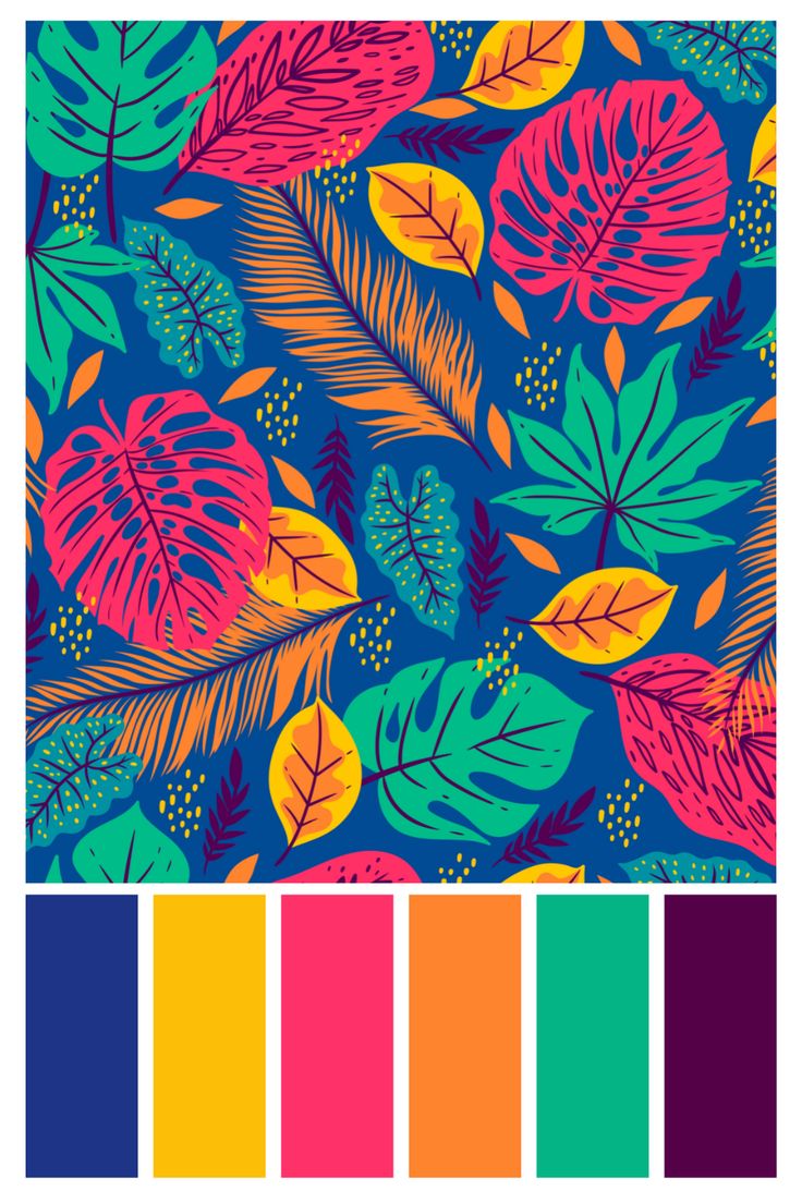 an image of colorful leaves on a blue background with color swats in the middle