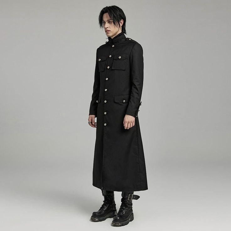 Elevate your gothic style with our Men's Gothic Stand Collar Big-pocket Coat, meticulously crafted from non-stretch woven fabric for a sophisticated yet edgy look. This coat is a perfect fusion of gothic aesthetics and functional design, making it a standout piece in your wardrobe. 
 
The detailed design includes a stand collar that exudes elegance and adds a touch of mystery to your ensemble. The coat features multiple big pockets, providing practical storage while enhancing the overall gothic Gothic Long Coat With Buttons, Gothic Black Outerwear With Button Closure, Gothic Outerwear With Buttons For Alternative Fashion, Gothic Outerwear For Alternative Fashion With Buttons, Punk Style Formal Winter Outerwear, Winter Formal Punk Outerwear, Alternative Black Outerwear With Pockets, Gothic Black Outerwear With Pockets, Gothic Black Outerwear For Formal Occasions