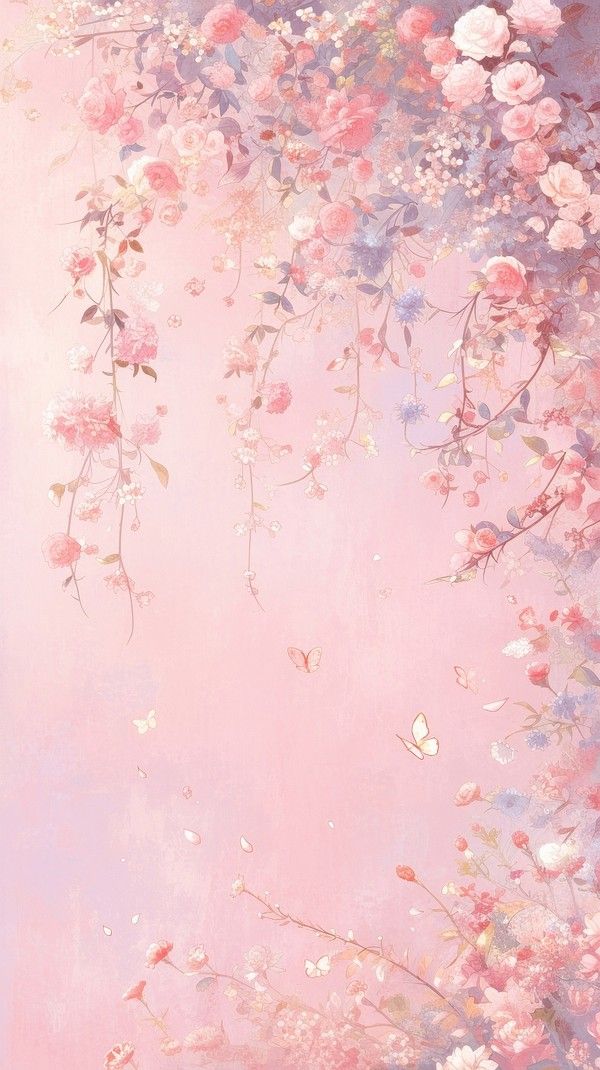 an abstract painting with pink and blue flowers on the wall, in front of a light pink background