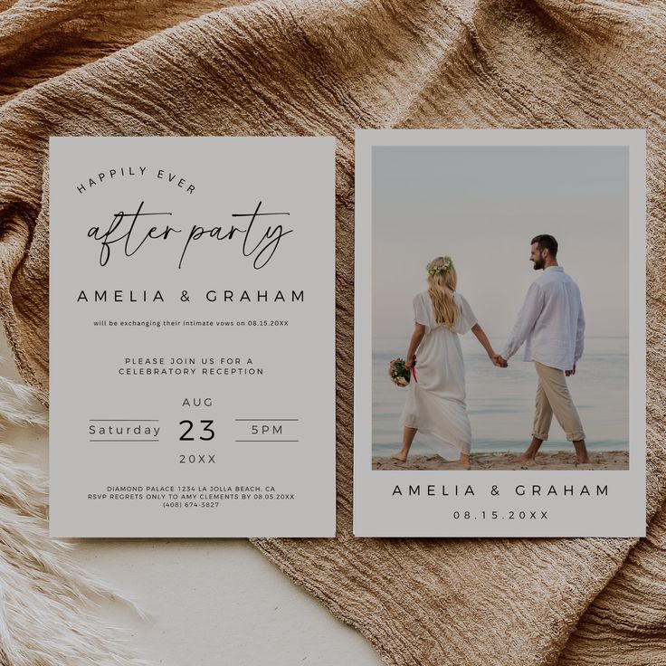 an image of a couple holding hands and walking on the beach with their wedding announcement card