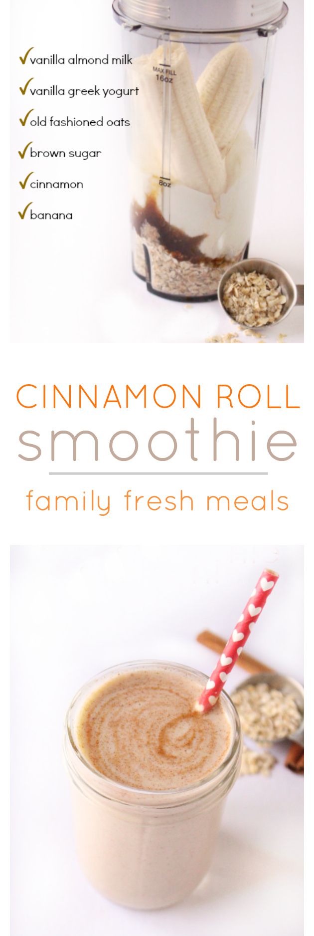 the recipe for cinnamon roll smoothie is shown