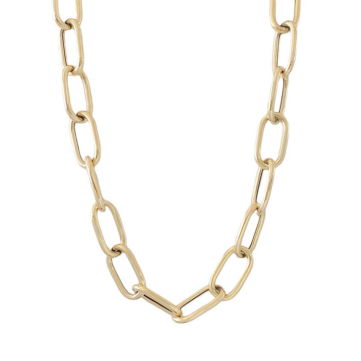 This Italian handcrafted chain link necklace is completely composed of 14K solid gold and is uniquely made with a semi-hollow interior for comfortable everyday wear that will not dent. NOTE: This item is available in longer or shorter length options. Kindly email us for pricing and details. Total Length: available in your choice of 14, 16, 18, 20, 22, 24, 26 or 30 inches Total Gram Weight: 18" length comes out to approximately 33.8 grams of 14K solid gold Link Dimensions: approximately 14mm (W) Gold-plated Oval Link Chain Necklace, Gold-tone Oval Link Gold-plated Necklace, Yellow Gold Tarnish-resistant Oval Link Chain Necklace, Yellow Gold Oval Link Necklace, Tarnish Resistant, 14k Gold-filled Oval Link Necklace With Adjustable Chain, Sweetheart Bridal, Chain Link Necklace, Link Necklace, Paper Clip