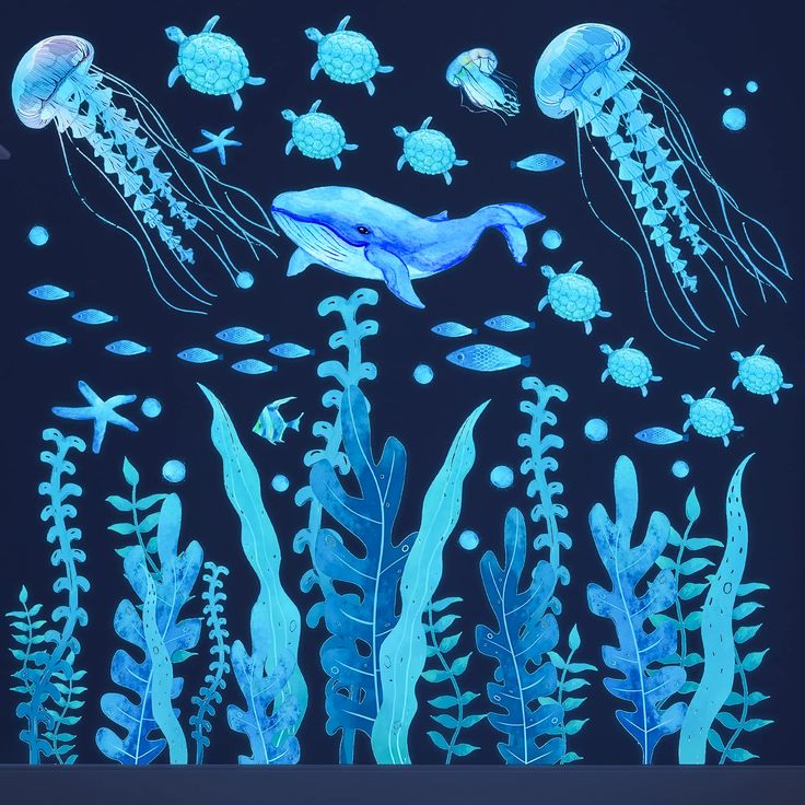 an ocean scene with jellyfish, seaweed and other marine life on a dark blue background