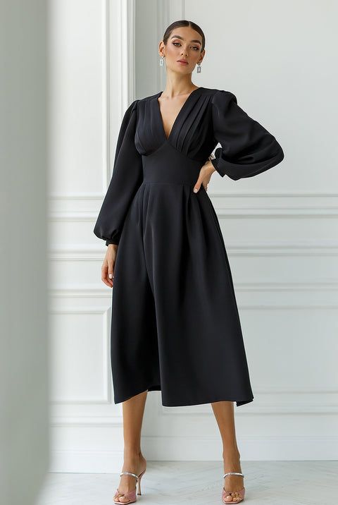 Purple V-Neck Puff-Sleeve Midi Dress – ELAGIA Backless Midi Dress, White Mini Skirt, Puff Sleeve Dresses, Strapless Mini Dress, Black Mini Skirt, Long Sleeve Midi, Purple Black, Puff Sleeves, Midi Length