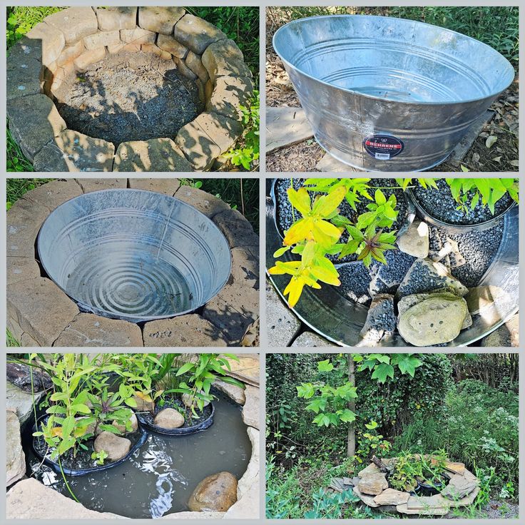 several pictures of different types of water and rocks in the garden, including an old metal tub