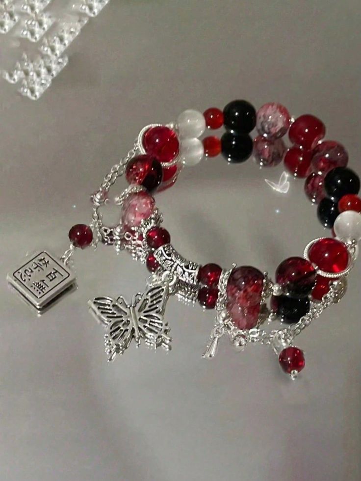 Red  Collar  Glass   Embellished   Women Fashion Jewelry Charm Bracelet Ideas Diy, Glass Bracelet Ideas, Red Bracelet Ideas, Glass Beaded Bracelets Ideas, Glass Beads Bracelet Ideas, Glass Bead Bracelet Ideas, Red Bead Bracelet, Cristal Bracelet, Beaded Glasses Chain