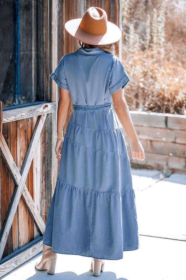 Effortlessly cool. The Blue Collared Front Button Maxi Shirt Dress combines the comfort of a T-shirt with the sophistication of a collared button-down. Perfect for those laid-back days when you still want to look put-together. Product code: CAA05A4H174ST Features:  Woven Collared neckline Short sleeves Front buttons Waist tie Maxi Wash Method: Regular Wash Material: 90%COTTON,10%POLYESTER. Collared Cotton Shirt Dress In Solid Color, Casual Solid Color Shirt Dress, Casual Short Sleeve Solid Color Shirt Dress, Casual Short Sleeve Solid Shirt Dress, Casual Solid Color Short Sleeve Shirt Dress, Casual Dress With Collared Neckline, Rayon Short Sleeve Shirt Dress For Day Out, Short Sleeve Washed Blue Dress With Buttons, Casual Short Sleeve Rayon Shirt Dress