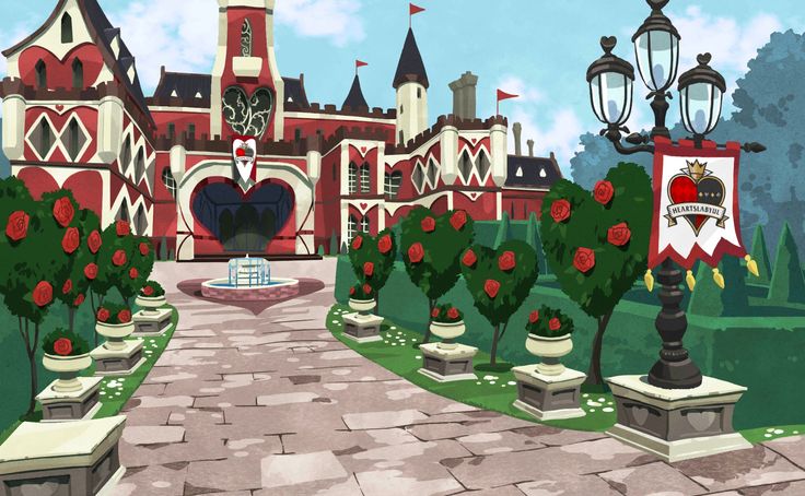 an animated image of a castle with roses in the foreground and benches on either side