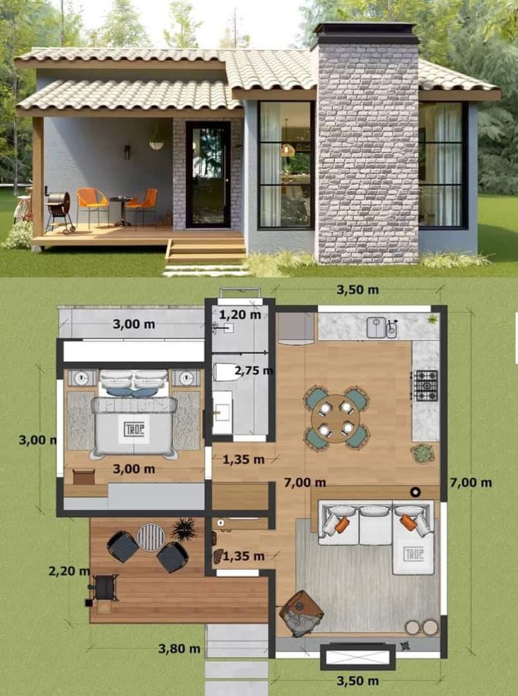 the floor plan for a small house with an attached porch and living room, kitchen, dining