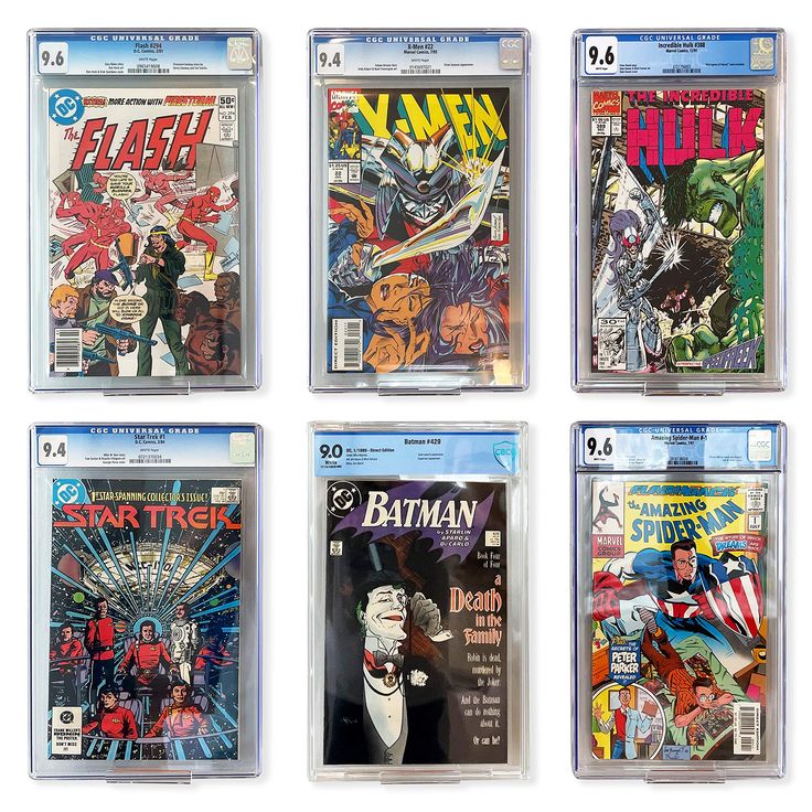 six different dc comics are on display in plastic cases