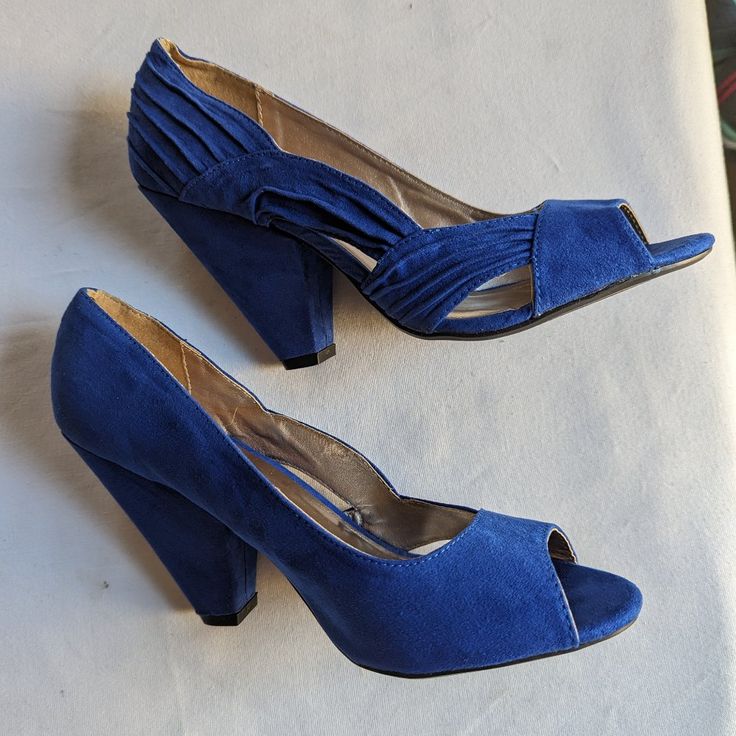 Cadet Blue Suede, 3 1/2" Heels, Open Toe. Blue Fitted Sandals With 4-inch Heel, Fitted Blue Sandals With 4-inch Heel, Royal Blue Open Toe Heels, Blue Open Heel Heels Medium Width, Blue Medium Width Open Heel Heels, Valentino Rockstud Pumps, Yellow Pumps, Blue Suede Heels, Cadet Blue