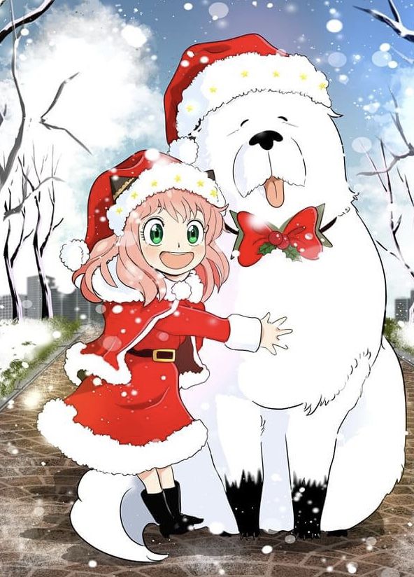 a girl in a red dress and santa hat hugging a polar bear with snow falling on the ground behind her