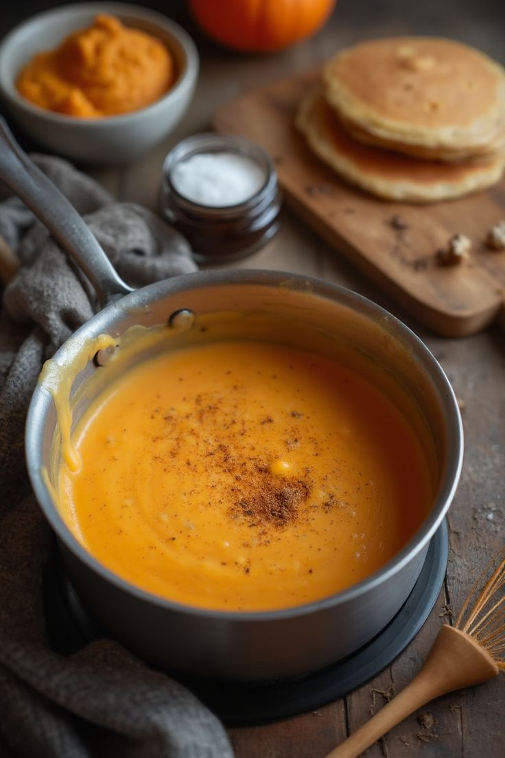 a pan filled with soup next to some pancakes