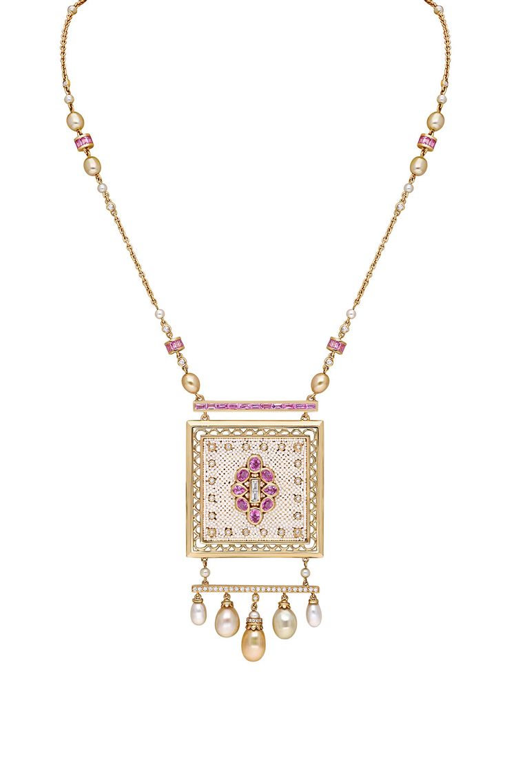 MOKSH-Pink Sapphire Bombay Necklace-YELLOW GOLD Luxury Hand-set Pendant Necklace, Exquisite Pink Pendant Necklace, Luxury Pink Diamond Necklace, Fine Pink Sapphire Necklaces For Formal Occasions, Formal Yellow Gold Pink Sapphire Jewelry, Luxury Jeweled Necklaces For Celebration, Luxury Rectangular Pendant Necklace For Wedding, Luxury Gold Plated Necklace With Rectangular Pendant, Luxury Gold-plated Necklace With Rectangular Pendant