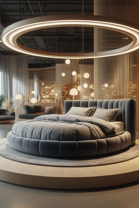 a circular bed in the middle of a room with round lights hanging from the ceiling