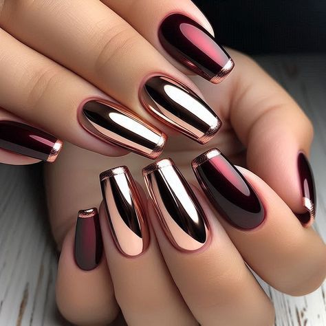 🍁 Add a hint of glam to your nails with 35 trendy fall chrome nail colors you’ll want to try this season! Think rich metallic hues, like copper, silver, and bronze, to match the cozy fall aesthetic. These chrome shades add just the right amount of shine to complement your favorite autumn looks. #FallChromeNails #AutumnNails #MetallicManicure #FallTrends #NailIdeas Crimson Chrome Nails, Burgundy And Rose Gold Nail Designs, Fall Nails Maroon Burgundy, Chrome Nails Burgundy, Chrome Fall Nail Designs, Dark Rose Nails, Chrome Fall Nails 2024, Maroon Fall Nails Burgundy, November Nail Ideas Acrylic