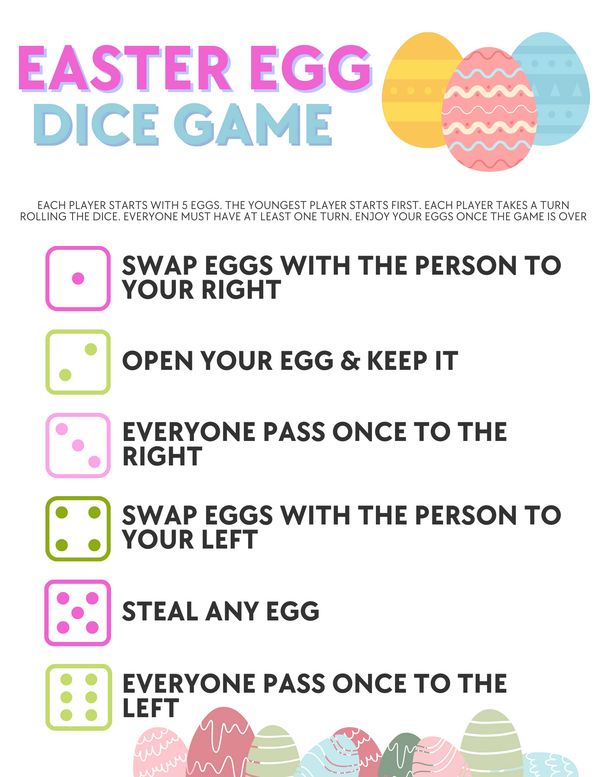 an easter egg dice game is shown with the instructions to play it and how to use it