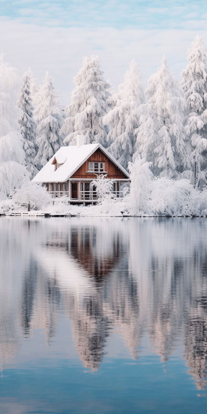 a house on the water surrounded by snow covered trees